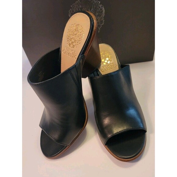 Vince Camuto Black Leather Platform Slide Wedge Wood Heel Sandals, Sz 7 Dormina - Picture 2 of 15